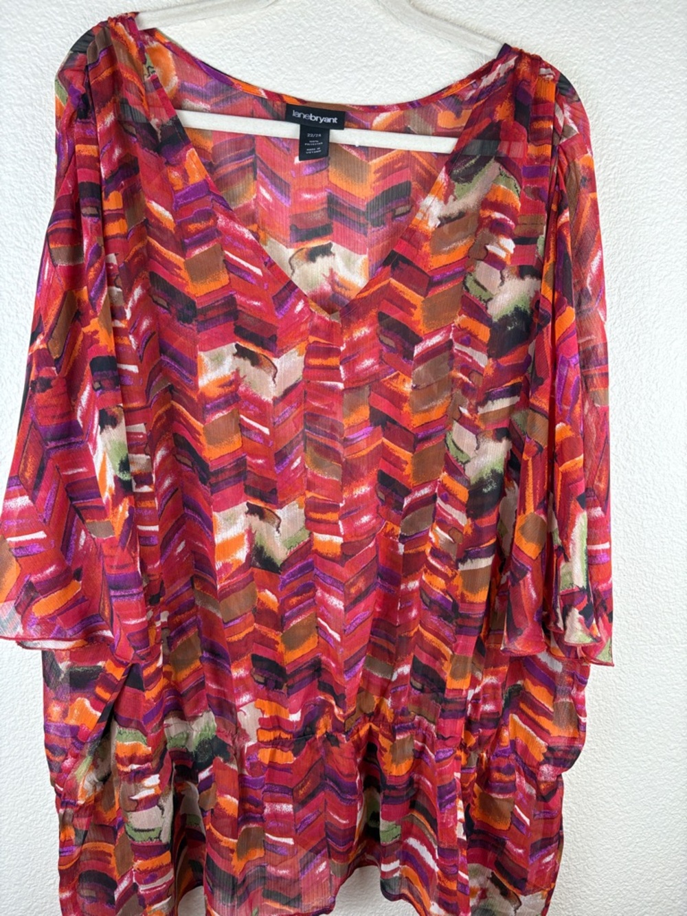 Lane Bryant Flutter Sleeve Red Colorful Blouse Drop Elastic Waist Size 22/24